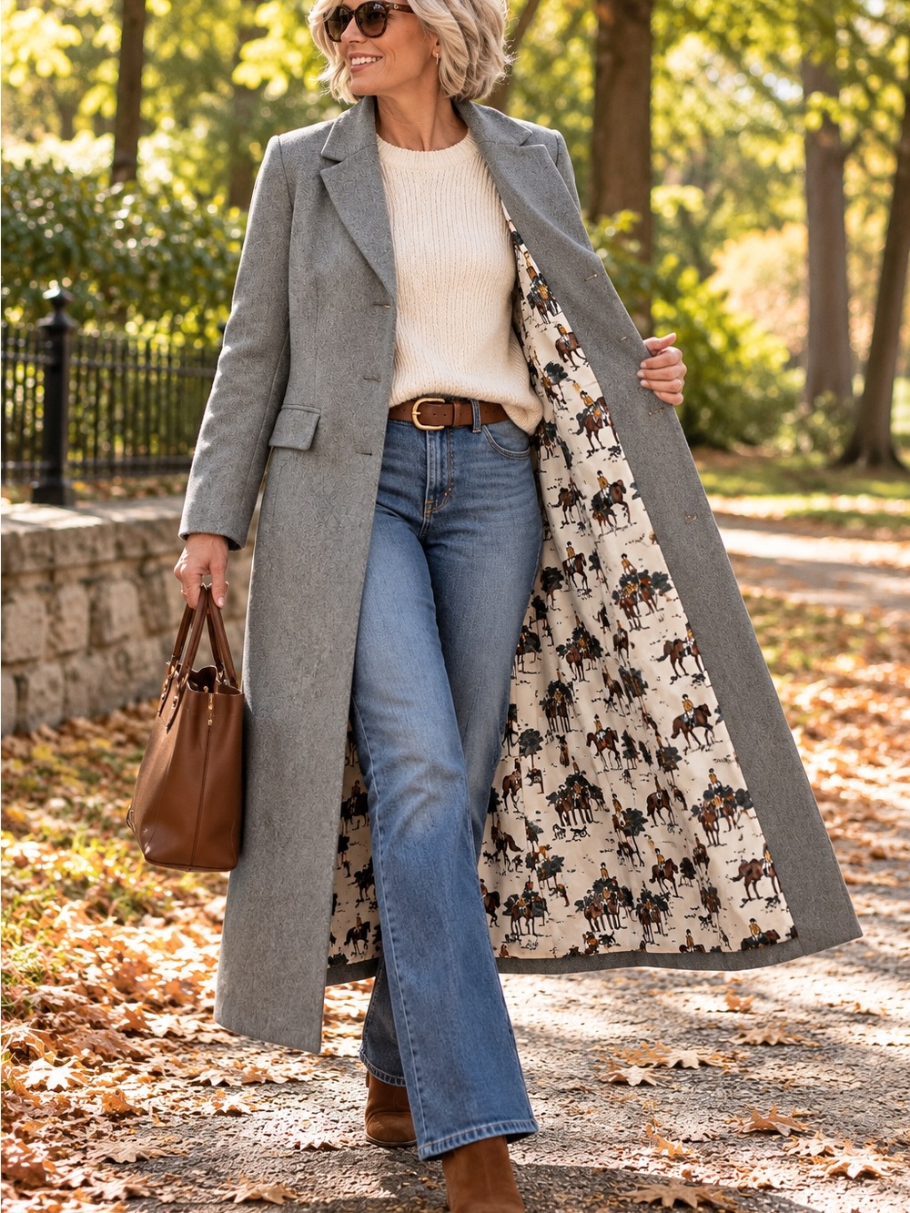 Studio Park x Shawn Killinger Gray Herringbone Horse & Hounds Long Coat